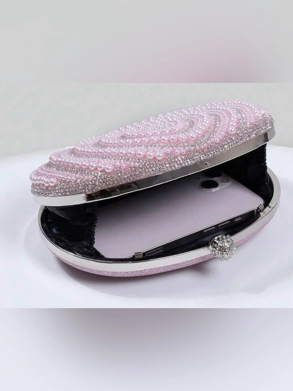 Pearl & Crystal Embellished Clutch - Pink